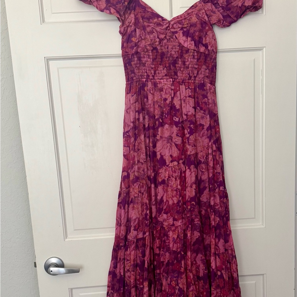 Free People Pink & Purple Floral Puff-Sleeve Tiered Maxi Dress - Picture 2 of 7